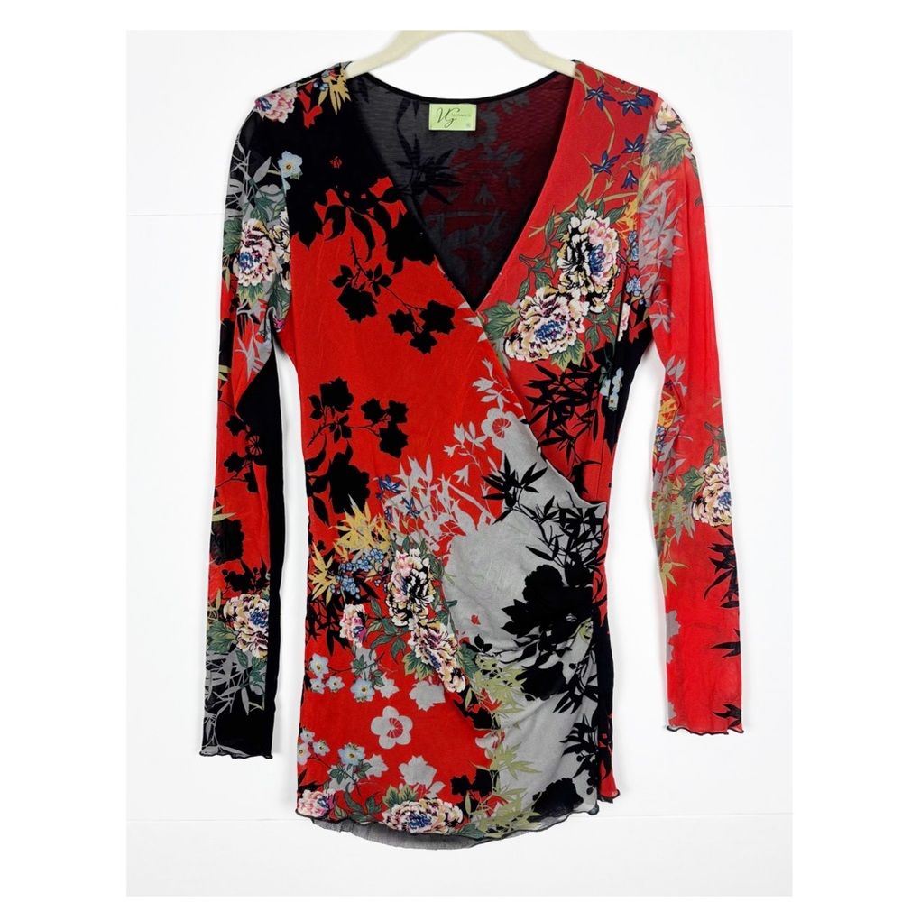VG by Viviana G Top Size XL Floral Nylon Mesh Long Sleeve V Neck
